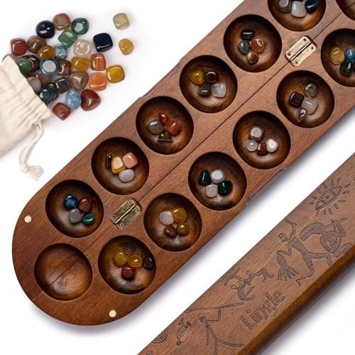 Deluxe Mancala Set: Real Wood Hinged Board with 48 Mixed Natural Gemstones - Authentic African Petroglyphs, Foldable Design for 2-Player Strategy Game