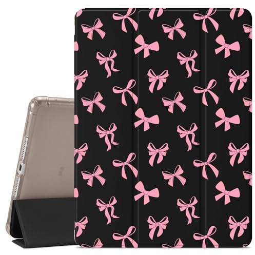 JOYLAND Cute Pink Bow Pattern Case for iPad Pro 12.9 6th Generation 2022/5th Generation 2021, Pencil Holder & Clear Transparent Back & Trifold Smart Pad Black Cover Scratchproof Case