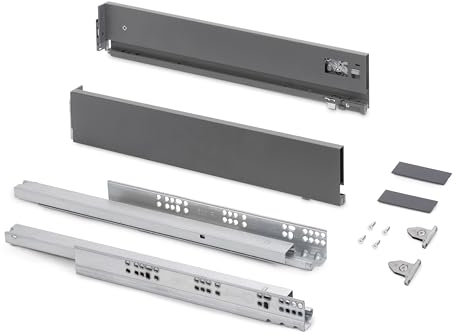 Emuca - Kit cajón para cocina o baño con regulación 3D, altura 93mm, profundidad 500mm, 40 Kg, cierre suave, tableros no incluidos, Acero, Gris antracita