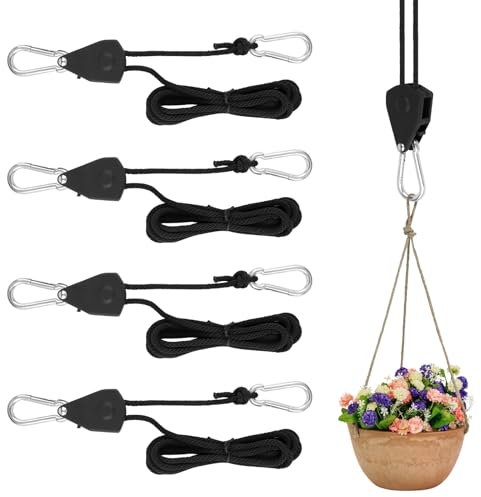 VMUTGA 4 Pièces Cordes à Cliquet, Corde de Suspension, Tendeurs de Corde Réglables, Cliquet avec Crochets, pour Tente, Plantes, Ventilateur, Lumière, Plantes D'intérieur(Noir)