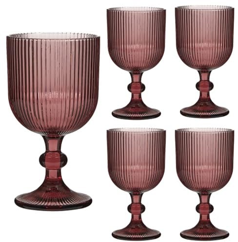 Ribbed Wine Glasses Set of 4 Mid-Century Modern Style Glassware Wine Glass Goblets Dishwasher Safe Alfresco Dining Coloured Dining Drinking Set (Pink)