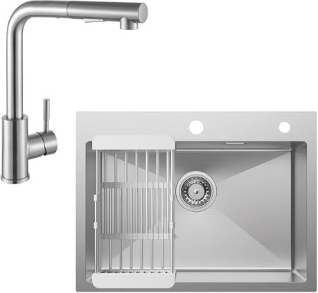 CECIPA Spülbecken Küche 60 * 45CM + Wasserhahn Küche Ausziehbar, Spüle Küche mit Abtropfgestell und Siphon, Küchenspüle 1 Becken Eckig, Einbauspüle mit 2 HahnLöcher, Gebürstet Edelstahl