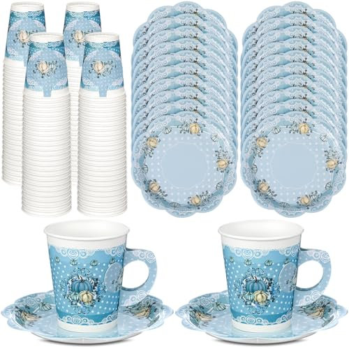Tioncy 100 piezas de decoraciones para fiesta de té incluyen 50 tazas de té de papel de 9 onzas con asa y 50 platos, juegos de tazas de té y platillos desechables para cumpleaños de niñas (calabaza)