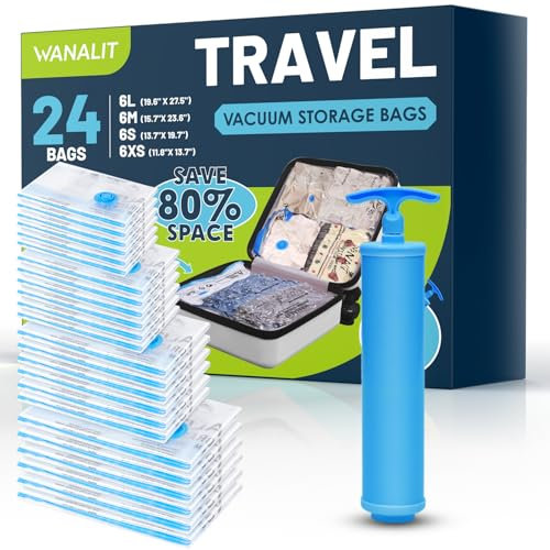 Travel Vacuum Storage Bags with Hand Pump, 24 Pack (6L+6M+6S+6XS) Vacuum Seal Bags Travel Essentials Space Saving Bags for Clothes, Luggage, Carry-on Suitcase, Backpack, Holiday Business Trip