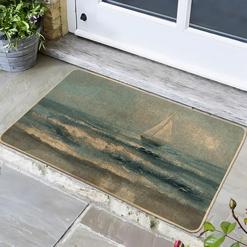 Ocean Sailboat Doormat, Blue Nautical Door Mat for Outdoor & Indoor Entrance Beach Decor, Rubber Waterproof Non-Slip Dust Absorbent Front Doormat, Easy Clean 29x17 Inch