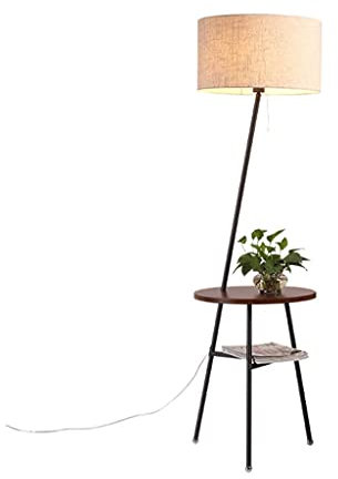 GLJTUO Lampadaire Moderne sur Trépied avec Étagères Et Abat-Jour en Lin Lampe sur Pied en Métal Noir Et Bois 62,9 Pouces De Hauteur Lampe pour Chambre À Coucher, Lampe sur Pied D,