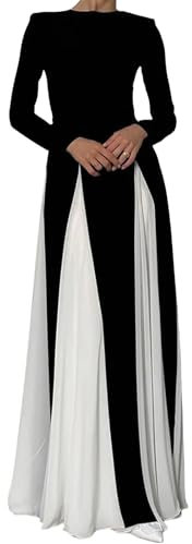 Women Elegant Pleated Maxi Dress Gown Long Sleeve Contrast Patchwork Long Dress Flowy Swing A Line Party Dress (Black, M)