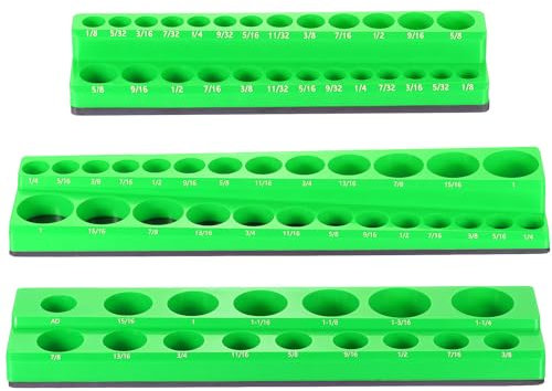 sourcing map 3pcs Magnetic Socket Organizer 1/4 3/8 1/2 Drive SAE Socket Holder Tray Socket Storage Rack Holds 68 Standard and Deep Size Sockets, Green