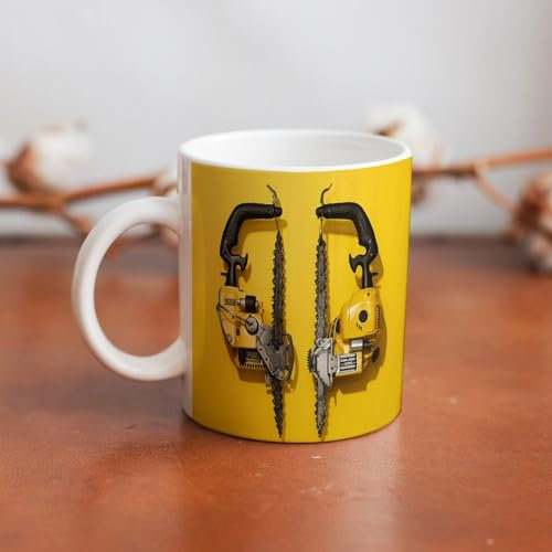 NTVOWPZO Coffee Mugs Large Porcelain Mug with Handle Tea Cup Yellow Two Chainsaws Porcelain Coffee Cups Ceramic Steeping Mug Personalized Mugs Funny Mug for Men Women