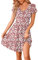 WNEEDU Women's Summer Dress V Neck Short Sleeve Casual Dress Pleated Hem Knee Length T-Shirt Dresses with Pockets Floral Red L