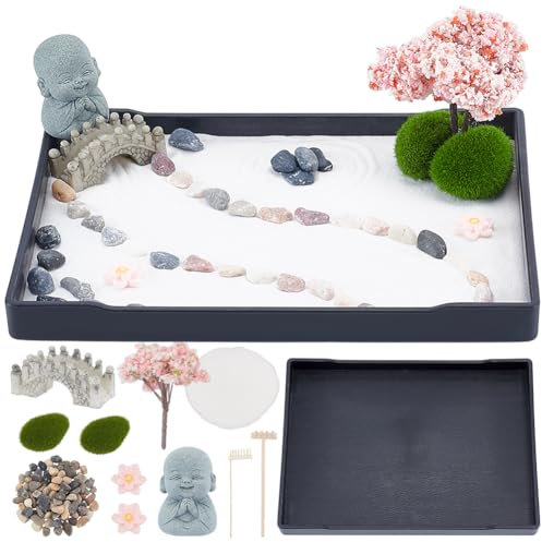 WEBEEDY Mini Zen Garden Kit Japanese Style Sand Tray Kit Sand Garden for Desktop with Tray,Desk Sandbox Miniature Ornaments Kit for Home Office Desk Beautiful Decor Relaxation Meditation