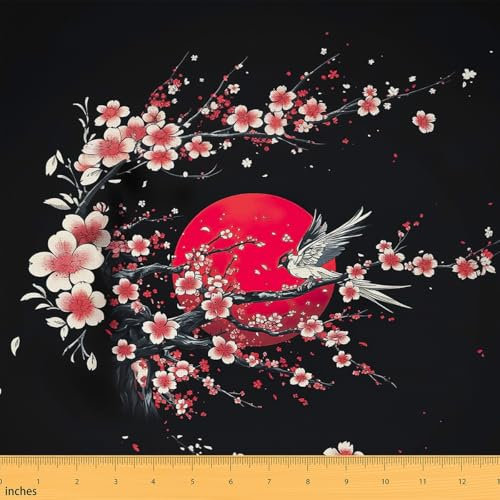 Loussiesd Vogel Stoff 92x150cm Japanischer Stil Stoff Meterware Japanische Ukiyoe Patchwork Stoffe Sonne Rot Blume Blumendruck Modestoff Natürliche Landschaft Asiatischer Stil Polsterstoff