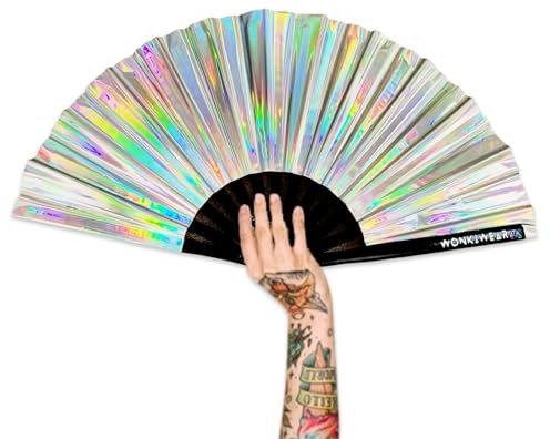 WONKIWEAR Fan, Folding Handheld, Iridescent, Holographic, Large Strong Black Bamboo. Unisex for Rave, Festival, Concert, Drag, Gay Pride (Silver Iridescent, Large)