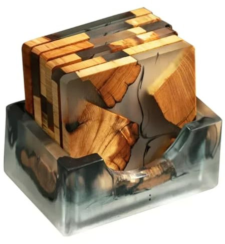 Boddceto Holzuntersetzer-Set mit Epoxidharz - Moderne Untersetzer mit Halter für Getränke, Inkl. 6 Untersetzer und Halter