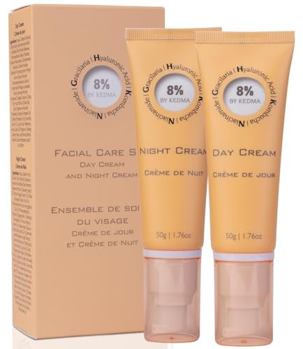 8% - Set für feuchtigkeitsspendende Tages- und Nachtcreme - Hyaluronsäure, Kollagen und Kombucha - Anti-Aging und Strahlkraft - Für alle Hauttypen - Ohne Parabene, Sulfate oder Silikone - 2x50g