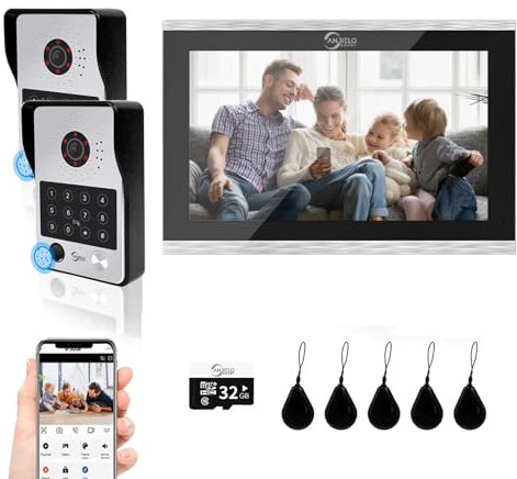 Sistema citofonico dell'appartamento del videocitofono cablato,monitor a 10 pollici di tocco,campanello della macchina fotografica 1080P,5 in 1 sblocco per la villa domestica (2 Campanello +1 Monitor)