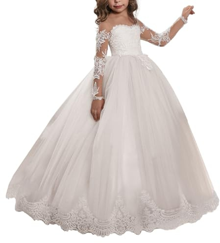Aibaowedding Spitze Stickerei Mädchen Brautjungfer Kleid Langarm Ärmel Kinder Geburtstagsfeier Ballkleider (8, Weiß/Bodenlang)