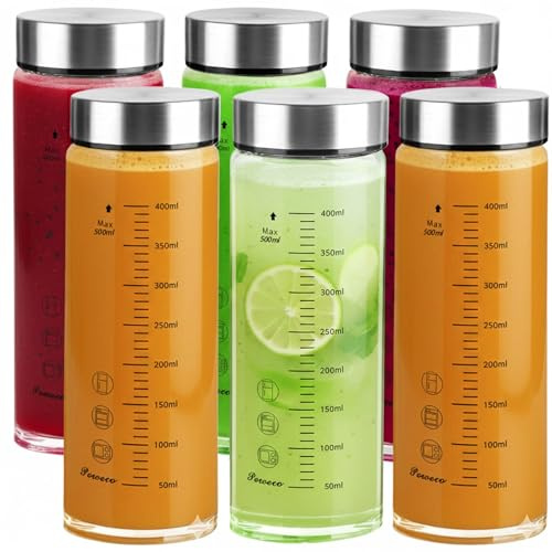 poweco Glasflasche 500ml mit Deckel - 6er Pack, Trinkflasche Glas & Saftflasche aus Borosilikatglas - Smoothie & Shaker Becher - Zum Befüllen - BPA-Frei