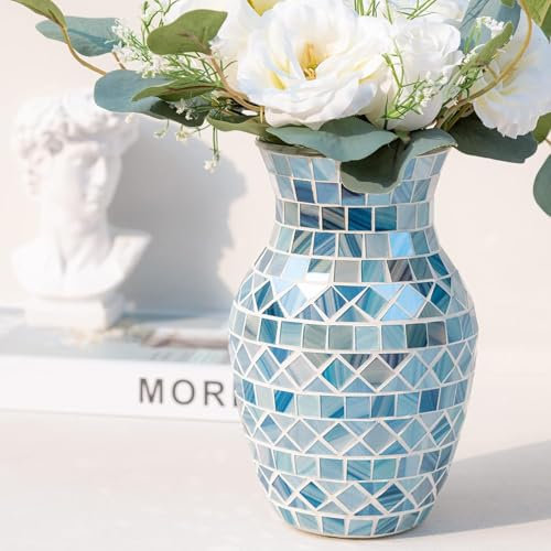 Vase en verre mosaïque bleu pour fleurs – Vase décoratif fait à la main style moderne – Idéal pour la maison, la table, le salon, la chambre et la pièce maîtresse