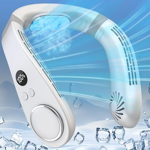 DDKJ Ventilador Cuello Aire Acondicionado 3 Niveles de Frío,Aire Acondicionado de Cuello 5 Velocidad,Portable Neck Fan Pantalla LED,Ventilador Portatil USB Viajes/Escuela/Deportes/Oficina-Blanco