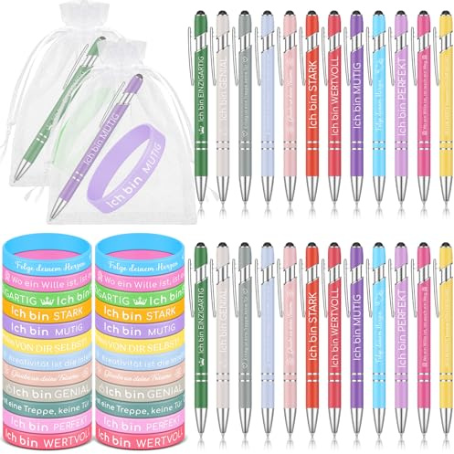 Nezyo 24 Stück Abschiedsgeschenk Kugelschreiber mit Gravur für Lehrer | Metall Kugelschreiber, Inspirierende Motivations Armbänder, Mit Organza Beutel, Für Mitarbeiter und Kollegen