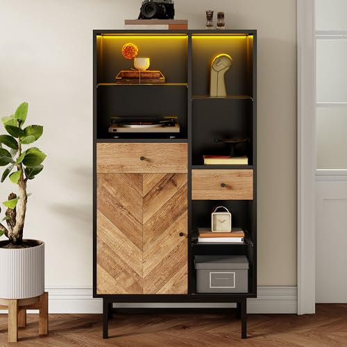 Merax Vitrine mit 12-Farbiger LED-Beleuchtung, 80 x 40 x 150,5 cm, Küchenschrank mit Glasböden, Schubladen und dreieckiger Holzmaserung, Schwarz + Holz