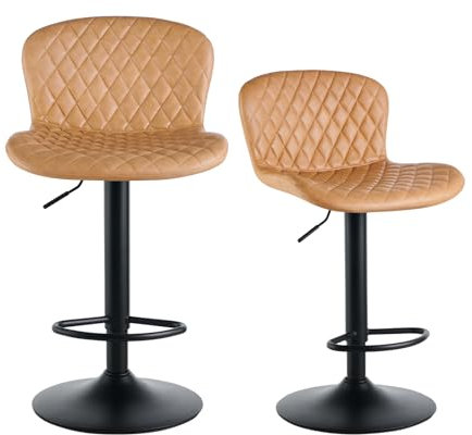 Set of 2 Brown PU Leather Bar Stools with Backrest Adjustable Height 360° Swivel Cushioned Seat for Kitchen Dining Room Bistro Cafe
