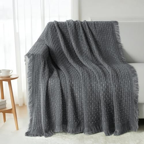 Exclusivo Mezcla Kuscheldecke Strickdecke mit Fransen für Sofa und Bett | Für Sommer, Sofadecke Tagesdecke als Bettüberwurf, weich und leicht, mit strukturierter Optik, 130x150 CM, Dunkelgrau