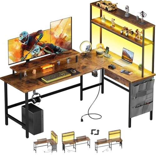 DLONGONE 150 x 100 cm L Shaped Gaming Desk with LED Lights & Power Outlets | Reversible Computer Desk with Storage Shelves, Corner Desks with Drawer, Monitor Stand and Hooks for Home Office, Brown