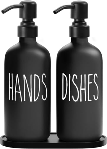 Raddile Glas Seifenspender, 500ml Handseifenspender und Spülmittelspender Set – Bauernhaus Seifenspender Küche mit Tablett – Pumpspender für Badezimmer (Schwarz Flasche+Schwarz Pumpe)