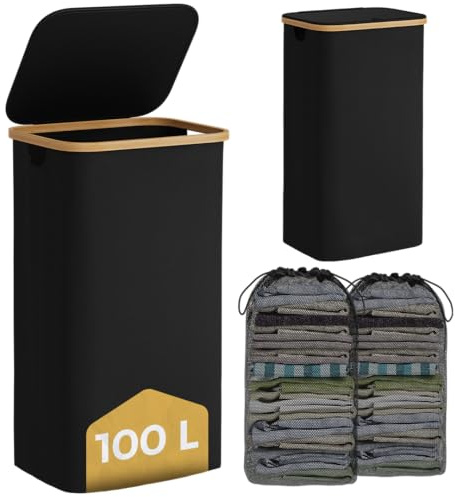 Bellamio Tolt Wäschekorb 100 L, 2 Fächer, Schwarz, mit Deckel, Bambusring | Wäschesammler, Wäschesammelbox aus Oxford-Gewebe, Schmutzwäschebehälter mit herausnehmbarem Wäschesack, hohe Wäschetonne