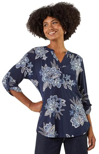 Roman Shirt for Women UK Ladies Top Collarless Blouse Stretchy Tunic Smart Casual Autumn Winter Jersey 3/4 Length Sleeve Notch V Neck Flattering Office Work - Deep Blue Floral - Size 16
