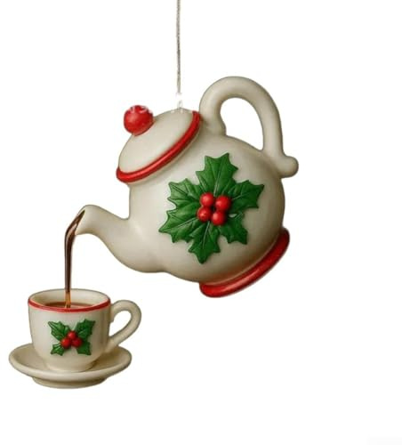 MoSundi Christmas Tree Ornament Featuring Floating Teapot and Tea Cup with Holly Details, Vintage Design to Enhance Festive Home Decoration and (A)