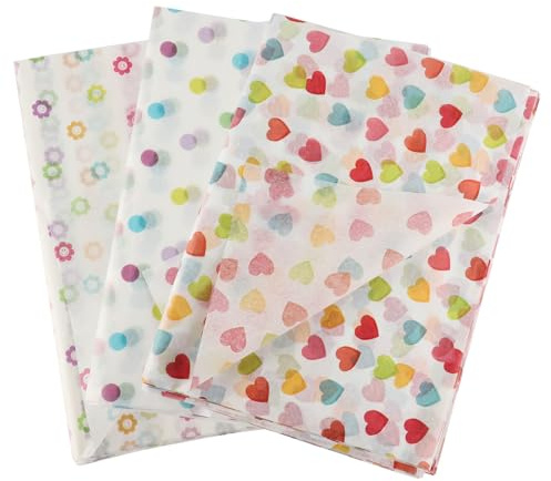 Lvjkes Seidenpapier, 60 Blatt Große Bögen Seidenpapier Verpackungsmaterial, Schneebirnenpapier perfekt für Geschenkverpackungen, Aufbewahrung, Kunst Handwerk (50cm x 70 cm, Herz/Punkte/Blumen)