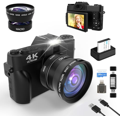 4K Digital Camera for Photography and Video, Point and Shoot Digital Cameras with Flip Screen, Wide-angle Lens, Microphone with WiFi, Vlogging Camera for YouTube Video Recording, Card Reader