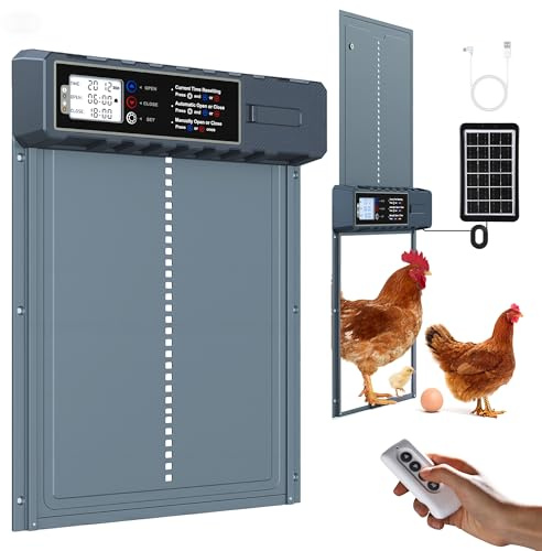 FabStyl Porte Automatique Poulailler Solaire Grande Taille 27.5x36cm avec Télécommande&USB-C Cable,Porte Poulailler Bleu en Aluminium Étanche,3 Modes,Affichage LED,Sécurité Anti-Pincement,Minuterie