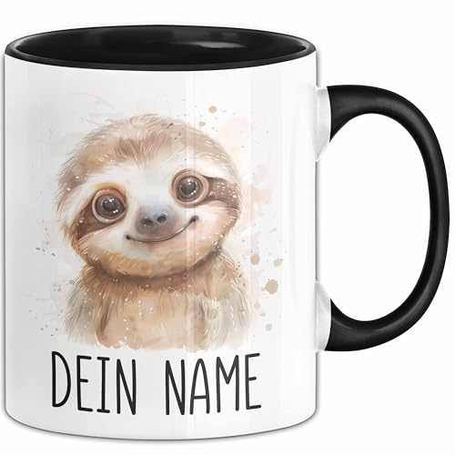 Faultier Tasse mit Namen – Personalisierte Tasse Geburtstag Geschenkidee süßes Faultiermotiv Niedlich Verspielte Namenstasse (Schwarz)