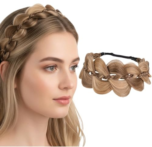 Geflochtenes Haarband Damen, Kunsthaar Haarband Geflochten, Haarreif Geflochten Haare, Geflochtener Zopf Haarteil, Chunky Haarreif Oktoberfest Damen, Stirnband Trachten Haarschmuck (Dunkelsandblond)