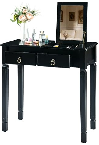 PADMA HOUSE Kosmetiktisch, Vintage Schreibtisch aus Holz, Schminktisch mit 2 Schubladen, Arbeitszimmertisch für Home Office, Konsolentisch (Schwarz Kosmetiktisch)