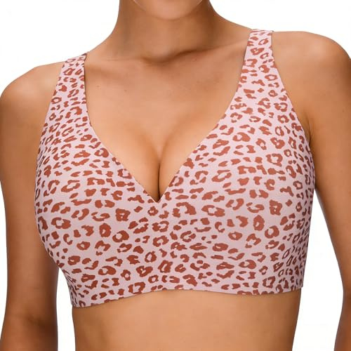 Seamless Jelly Bra,Full Cup Leopard Print Bra Comfort Sleep Jelly Push Up Bra Seamless No Under Wireless Bras for Women Uk Everyday T shirt Bras (UK, Alpha, XL, Regular, Regular, Leopard-print pink)