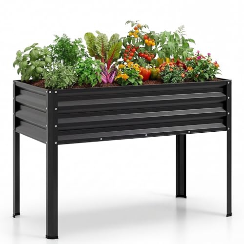 HOMASIS Jardiniere sur Pieds en Métal 142L, Potager Surélevé avec Trou de Drainage, Patins Antidérapants&Barres Renforcées, Table de Culture pour Légumes&Fleurs, Jardin&Balcon, 112x55x152cm (Noir)