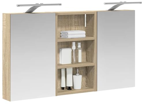 vidaXL Badezimmerschrank-Set 3 pcs 90 x 10,5 x 50 cm Holzwerkstoff, Badezimmer-Schrank, rechteckiger LED-Spiegel, moderner Wand-Organizer, praktischer Platzsparer