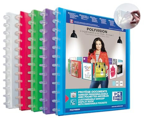 OXFORD 1 Protège‐Documents Variozip Polyvision A4 40 vues / 20 pochettes amovibles Couverture Polypro Coloris Assortis