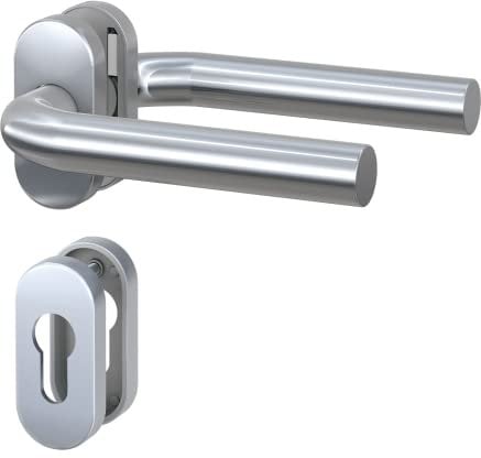 BASI | Schmalrahmen-Garnitur für Profilrahmentüren | Edelstahl | Drückergarnitur in L-Form | Rosetten oval | für Stahl Aluminium Kunststoff-Türen | Vorrichtung für Profilzylinder