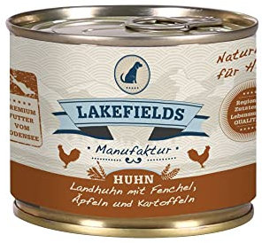 Lakefields Premium Hundefutter Nass | Huhn 61% | 6 x 200g | Getreidefreies Nassfutter für Hunde | Natürliche Zutaten in Lebensmittelqualität | Karotten, Kartoffeln & Apfel | Schonend gegart