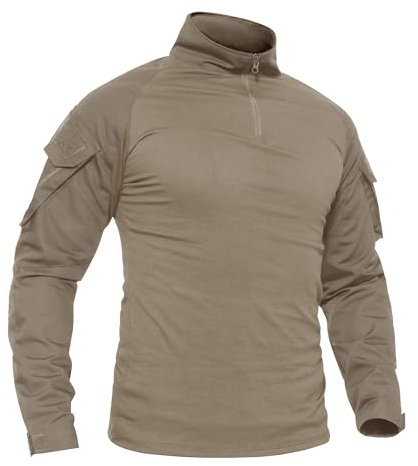 TACVASEN Casual Shirt Men Long Sleeve Top Cotton Slim Fit T-Shirt Mens Outdoor Hiking Tee Shirts Lightweight Breathable TShirt , Khaki, UK XXL (fit Chest 42 in-45 in)