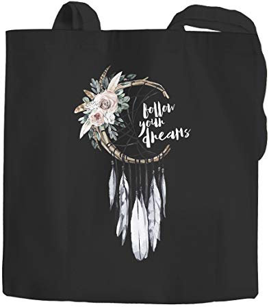 Jutebeutel Traumfänger Dreamcatcher Follow your Dreams Spruch Blumen Federn Spruch Boho Baumwolltasche Stoffbeutel Autiga® schwarz 2 lange Henkel
