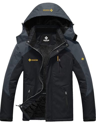 GEMYSE Herren Warme Skijacke Berg Winddicht Wasserdicht Atmungsaktiv Multi-Pocket Outdoor-Winterjacke mit Kapuze,Schwarz Dunkelgrau,L