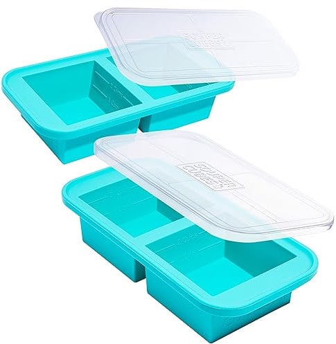 Souper Cubes Bandeja de Silicona Extra Grande para congelador de 2 Tazas con Tapa, Paquete de 2, para 4 porciones 2 Tazas (Bandeja para 2 Tazas, Color Aguamarina, Paquete de 2, con Tapas)