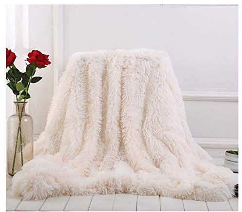 Plaid en fausse fourrure à poils longs, super doux, confortable et élégant, pour canapé, fauteuil et lit (blanc, 160 x 200 cm)